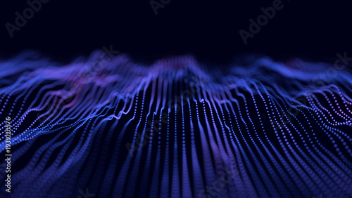 Abstract glowing particle wave landscape on dark background. Blue and purple dotted lines form futuristic digital terrain. Technology data flow visualization. 3D depth and bokeh.