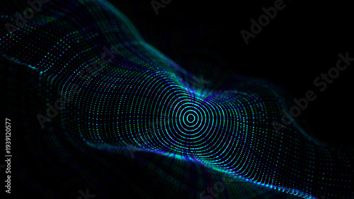 Abstract glowing particle wave on black background. Neon dots form concentric rings and flowing digital ripple. Futuristic technology data signal. 3D depth bokeh.