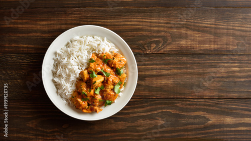 Tableau sur toile Butter chicken with basmati rice on plate on wooden background
