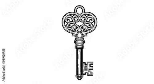 Antique Ornamental Skeleton Key Vector Illustration in Woodcut Style