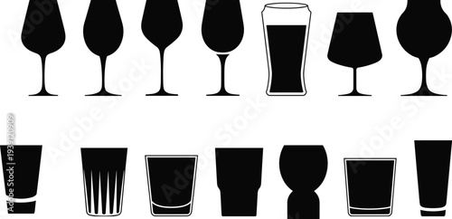 drink glass silhouettes collection, wine beer cocktail glass icons, bar beverage container set, alcohol drinkware illustration, restaurant glassware vector
