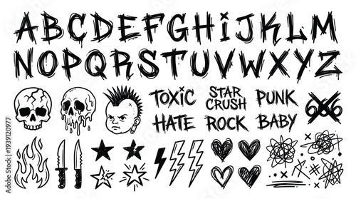 Punk rock elements collection in bold graffiti style, skulls, mohawks, toxic words, flames, knives, stars, and lightning