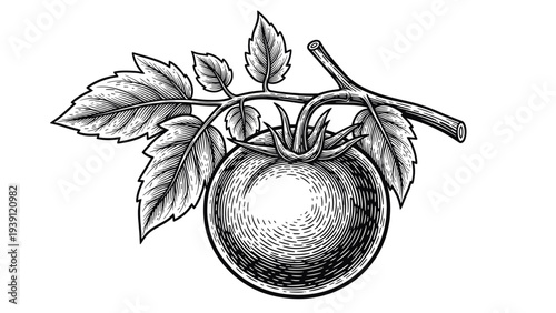 vintage ripe tomato with stem and leaf detailed botanical vegetable engraving illustration isolated, hand drawn garden produce antique woodcut style natural food artwork