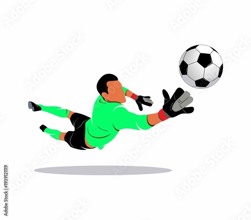 Schilderij op canvas Soccer goalkeeper diving to save ball in green uniform on white background