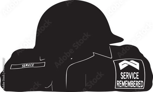Service remembered vector silhouette illustration, military uniform and helmet line art