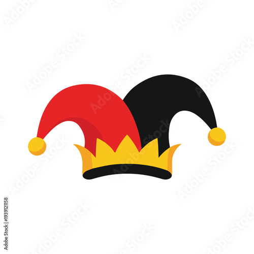 Vector illustration of a jester's hat with red and black halves and golden crown and balls, symbolizing duality and jester or clown character in a simple modern style.