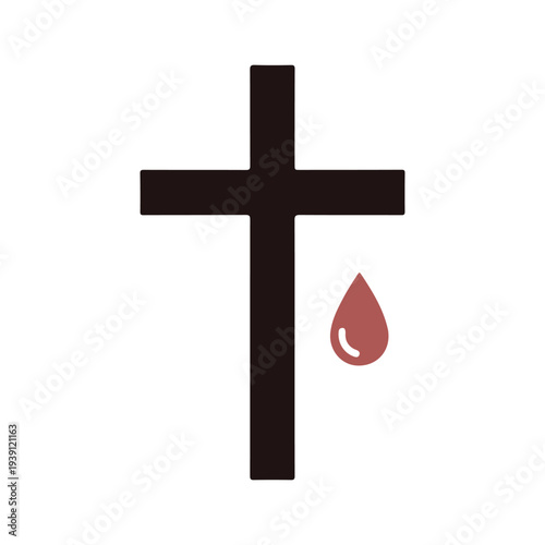 A symbolic vector graphic of a dark brown Christian cross with a single red teardrop shape, representing sacrifice and faith, on a plain white background for Easter or Good Friday.