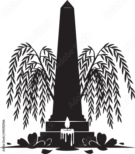 Silhouette monument obelisk candle willow trees and flowers vector illustration
