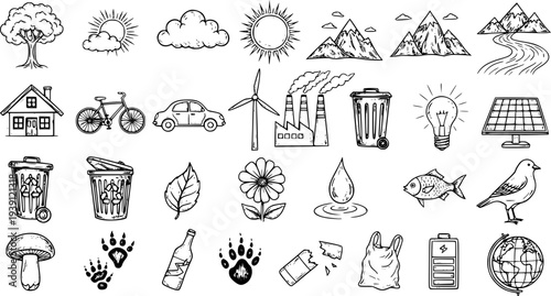 Hand Drawn Ecology Environment Doodle Icons Set: Nature, Pollution, and Sustainability Elements Collection