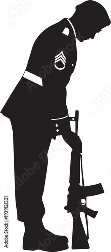 Soldier standing with rifle vector silhouette illustration, military uniform line art