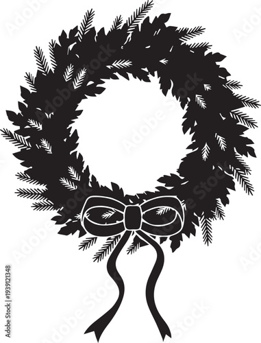 Winter holiday wreath vector silhouette illustration with festive bow line art design