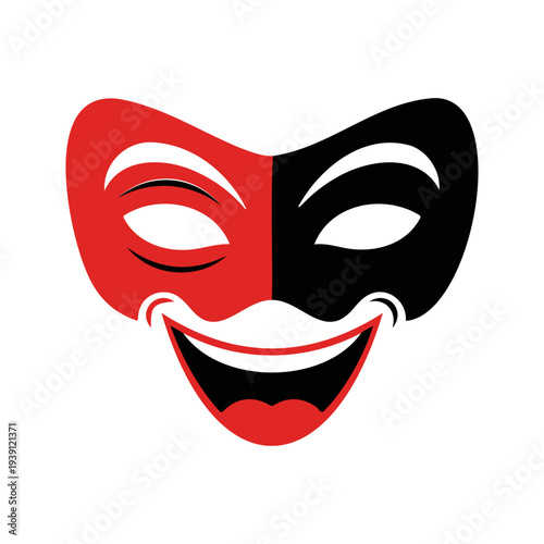 Vector illustration of a split face mask, one side red smiling and the other black frowning, symbolizing dual personality or conflicting emotions, in a graphic design element.