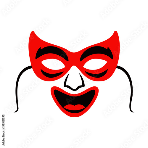 A vibrant red devil mask with black accents and ties, perfect for costume parties, Halloween, or theatrical themes, conveying mischief and playfulness in a cartoonish style.