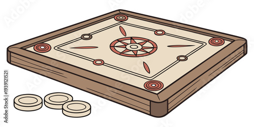 Carrom board game with wooden frame and playing pieces