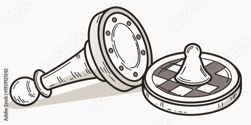Hand drawn illustration of a chess pawn and a checker piece