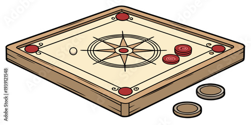 Carrom board game with wooden frame and striker pieces