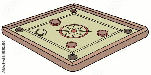 Illustration of a carrom board game with wooden frame and playing pieces