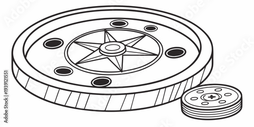 Illustration of a circular game board with a star compass design and a stack of game pieces