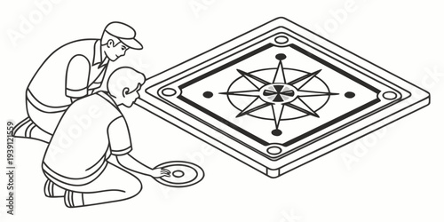 Two people playing carrom board game, line art illustration