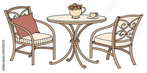 Illustration of a bistro table set with two chairs, a vase of flowers, and a cup of coffee