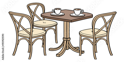 Cafe table with three wooden chairs and coffee cups illustration