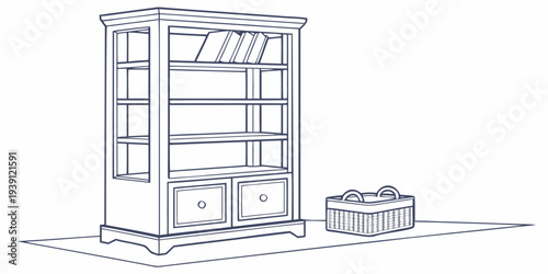 Hand drawn illustration of a wooden bookcase with books and a storage basket