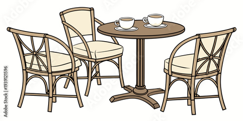 Cafe table and chairs set with coffee cups illustration