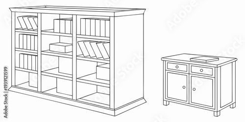 Hand drawn sketch of a large wooden bookcase and a small cabinet with drawers