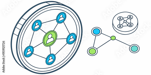 Isometric social network connection concept with user icons and data nodes