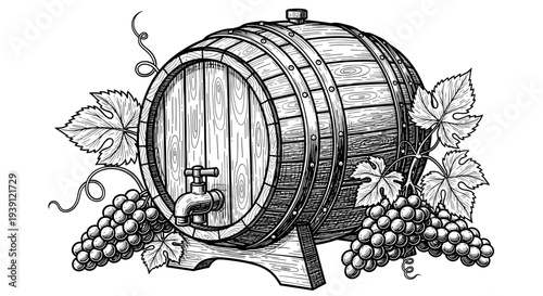 Vintage engraving wooden wine barrel with grape bunch winemaking illustration hand drawn woodcut style winery symbol