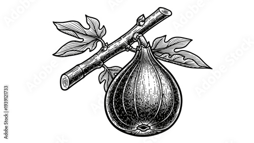 Vintage fig fruit engraving, antique botanical branch sketch and common fig illustration in woodcut style isolated