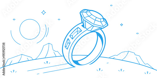 Diamond engagement ring line art illustration with landscape background