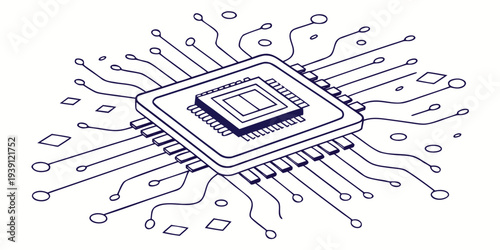 Isometric illustration of a computer processor chip with circuit board connections