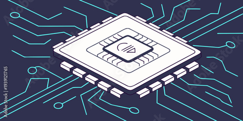 Abstract digital illustration of a central processing unit chip on a circuit board background