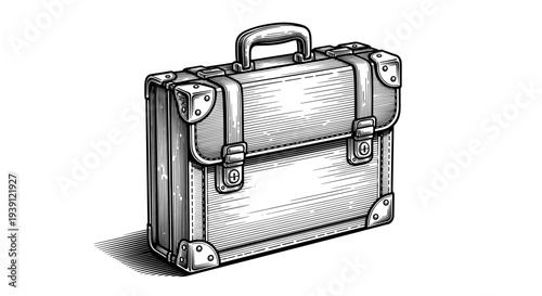 vintage leather briefcase with handle detailed retro business bag engraving illustration isolated, classic office portfolio hand drawn antique woodcut style