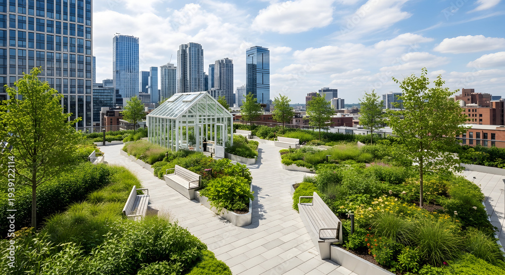 Fototapeta premium Serene rooftop garden with modern greenhouse in urban setting