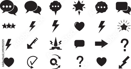 Chat, speech, and emotion icons, black vector set