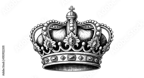 Royal King Crown with Jewels Vector Illustration in Vintage Etching Style