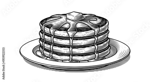 stack of pancakes detailed vintage engraving illustration isolated, breakfast dessert food hand drawn retro woodcut style culinary artwork