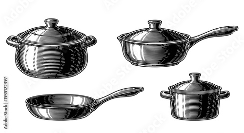 Vintage engraving kitchen cookware set with cooking pots and frying pan detailed hand drawn culinary illustration in classic woodcut style