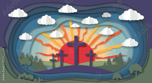 Vibrant illustration of a sunrise with crosses