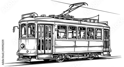 vintage engraving city tram streetcar classic public transport vehicle hand drawn woodcut style urban transportation illustration