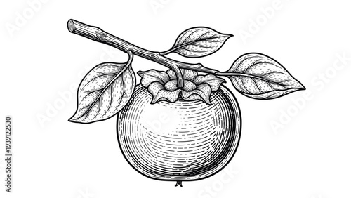 Vintage persimmon fruit with branch and leaves detailed botanical engraving illustration isolated, hand drawn antique fruit woodcut style natural food artwork