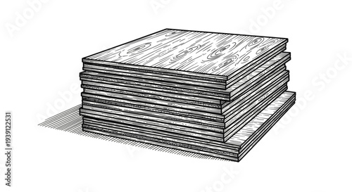 stack of wooden boards detailed vintage engraving illustration isolated, lumber timber planks hand drawn woodcut style carpentry construction material artwork