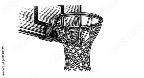 Vintage engraving basketball hoop and backboard sports equipment hand drawn woodcut style athletic illustration