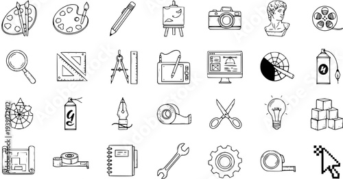 Hand-drawn Doodle Sketch Icons Set of Art, Design, and Creative Tools Collection on White Background