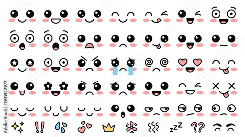 Cute kawaii emoticon collection featuring happy faces, sad expressions, surprised eyes, love hearts, and fun symbols