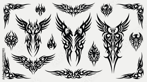 Tribal fantasy elements collection with tribal line art, fierce dragons, spread wings, flame motifs, ornate borders, sharp spikes, and mythical beasts