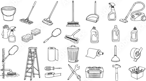Detailed doodle style icons set of various household cleaning supplies, equipment, and essential home maintenance tools, perfect for chores and repairs.