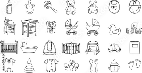 Monochrome Line Art Vector Icon Set of Baby Care Essentials, Toys, Furniture, and Clothing for Newborns and Infants